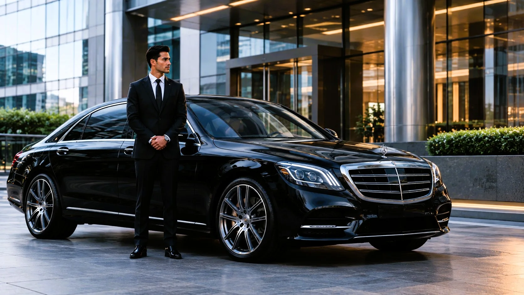 A sedan with a chauffeur standing beside it, shown for illustration