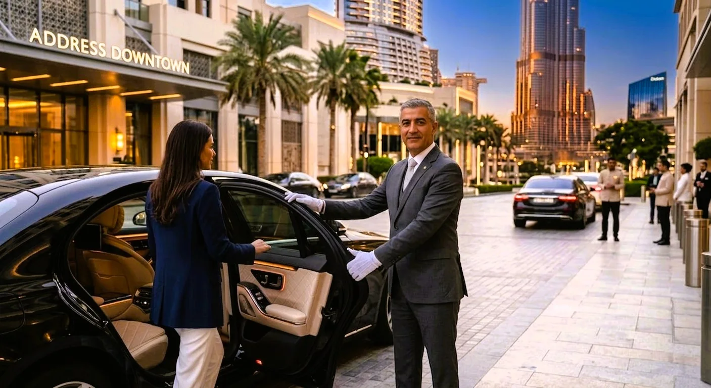 A chauffeur welcoming a guest at a luxury hotel entrance, shown for illustration